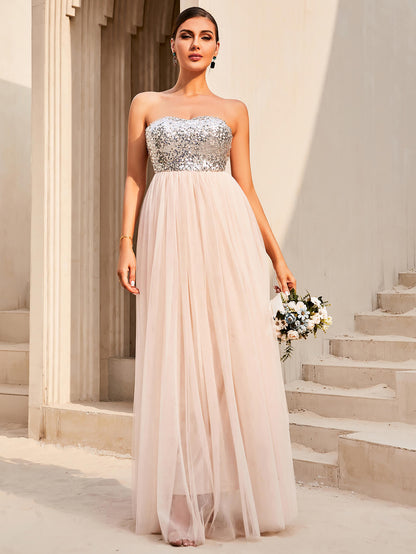 Sequin Strapless Spliced Tulle Dress