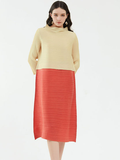 Two-Tone Accordion Pleated Three-Quarter Sleeve Midi Dress