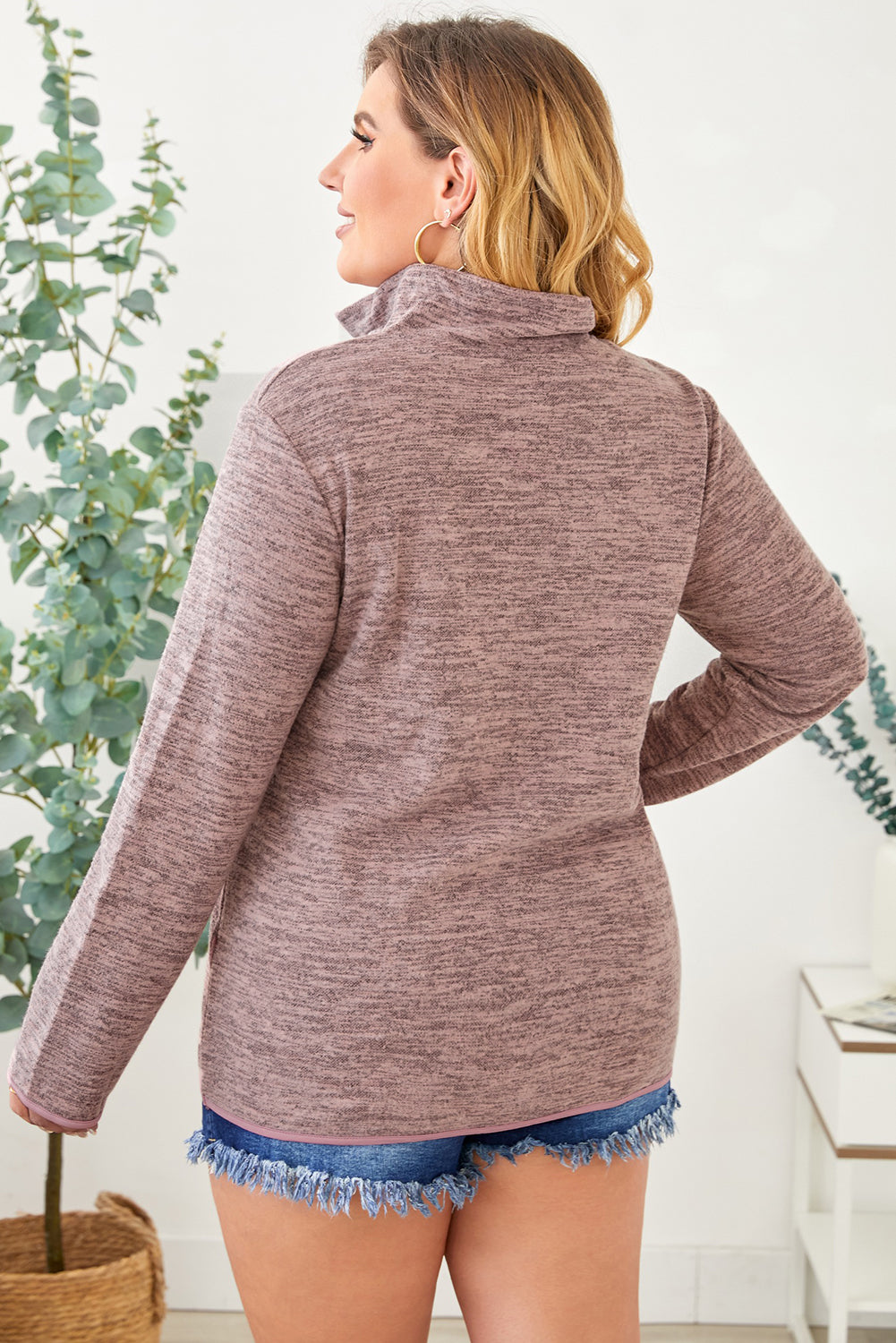 Gray Heathered Turn-down Zip Collar Plus Size Sweatshirt