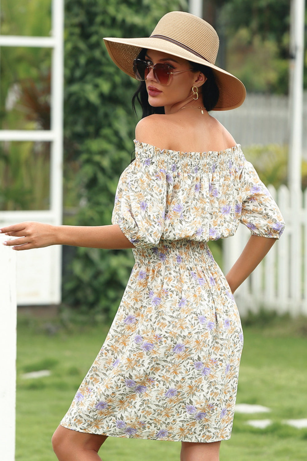 Full Size Range Floral Shirred Boat Neck Dress