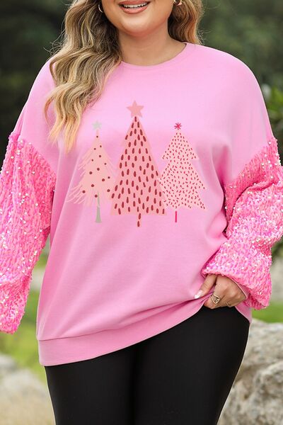 Plus Size Christmas Tree Sequin Round Neck Sweatshirt