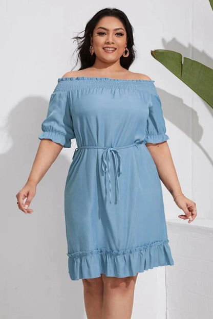 Plus Size Shirred Cold Shoulder Ruffle Tie Waist Dress