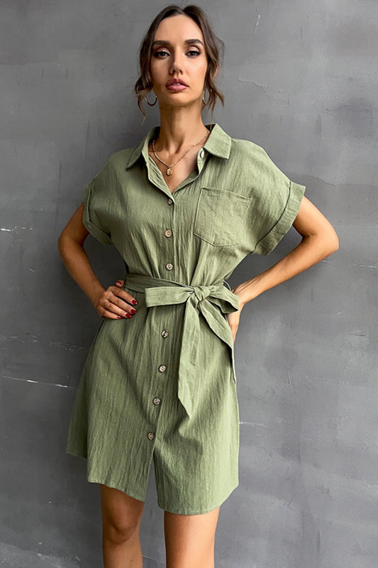 Tie-Waist Short Sleeve Mini Shirt Dress