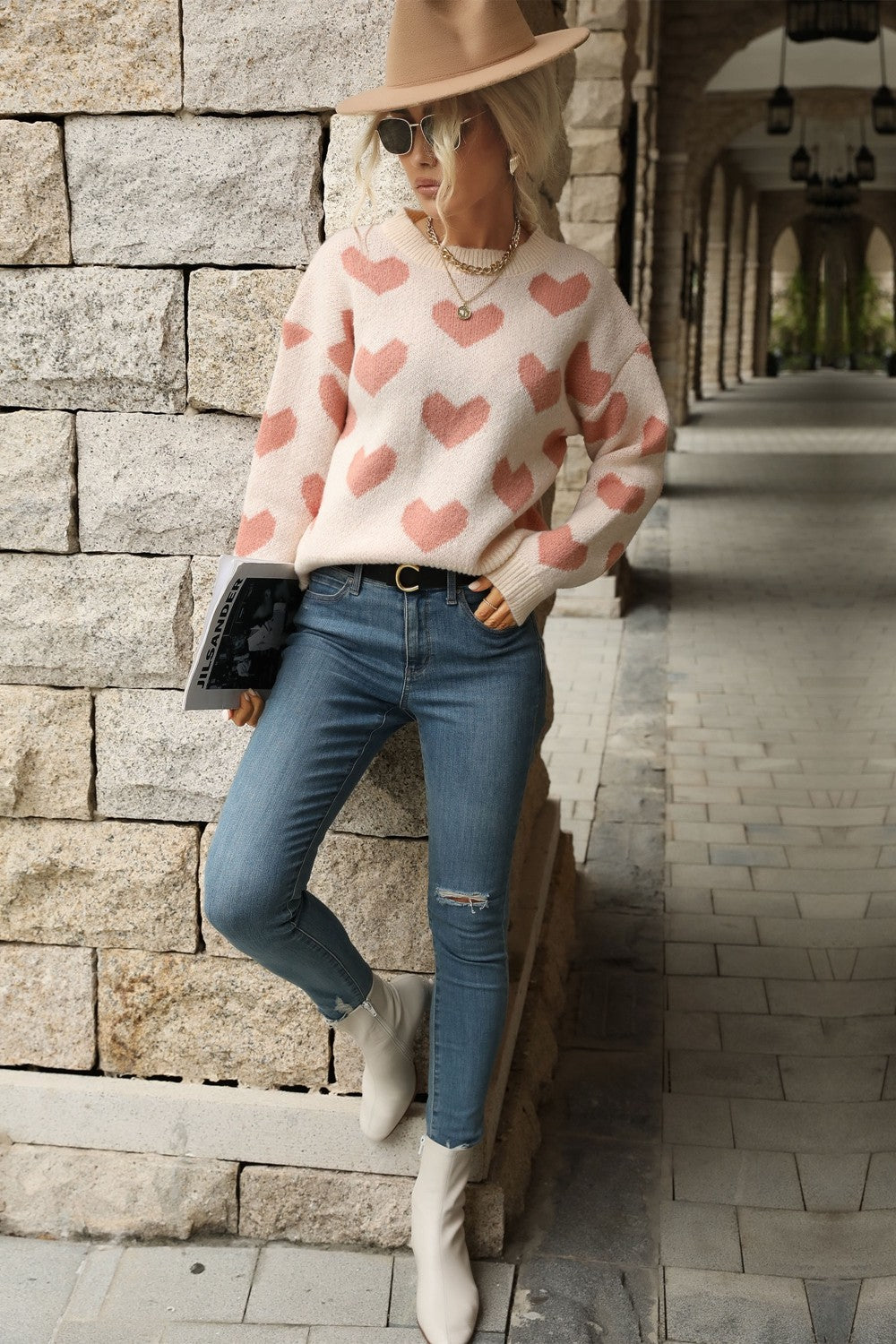 Heart Pattern Dropped Shoulder Sweater