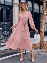 Load image into Gallery viewer, Swiss Dot Belted Surplice Puff Sleeve Midi Dress
