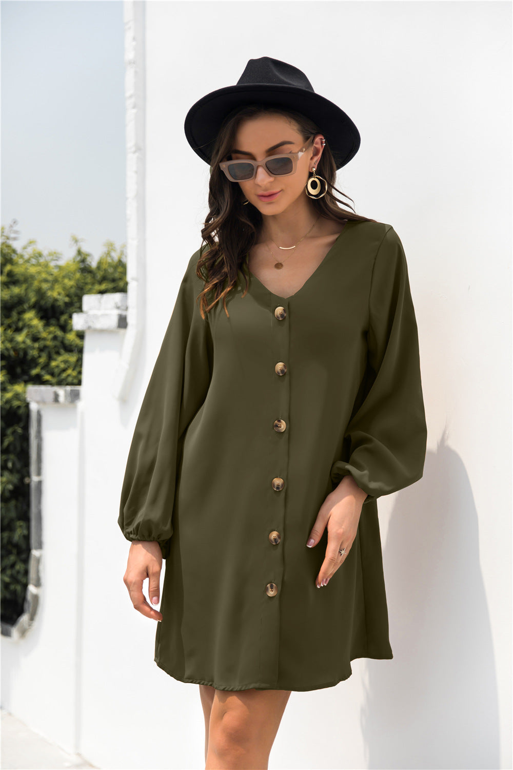 V Neck Button Through Smock Dress