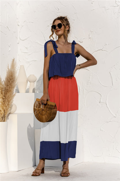 Color Block Adjustable Straps Ruffle Dress