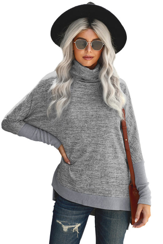 Ribbed Turtleneck Side Slit Sweatshirt