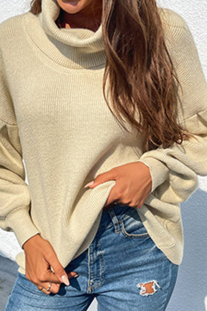 Rib-Knit Lantern Sleeve Turtleneck Sweater