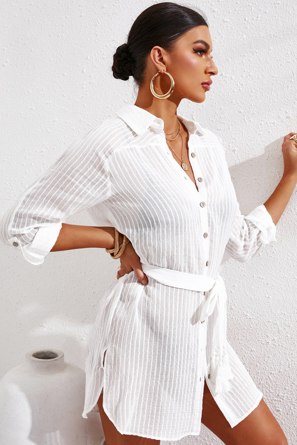 Pinstripe Tie Wiast Slit Shirt Dress