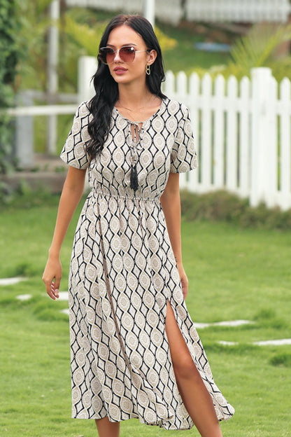 Ikat Tie-waist Slit Dress