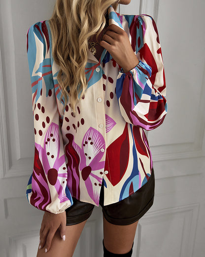 Printed Puff Sleeve Button-Up Shirt cf