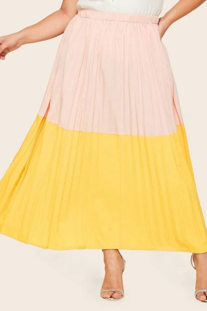 Plus Elastic Waist Pink & Yellow Pleated Skirt