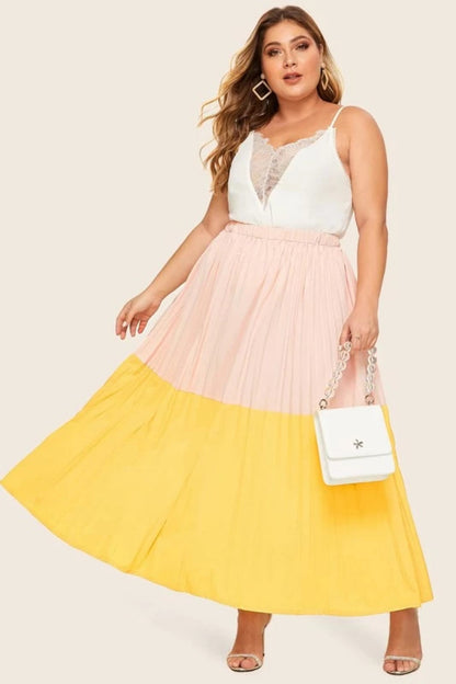 Plus Elastic Waist Pink & Yellow Pleated Skirt