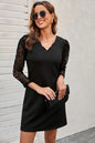 Solid V Neck Lace Sleeve Dress