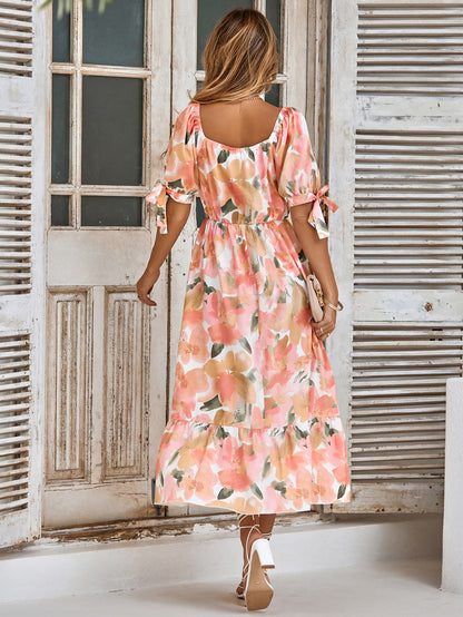 Floral Tie Cuff Surplice Neck Dress