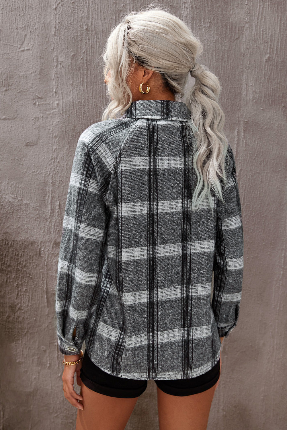 Plaid Print Buttoned Turn Down Collar Coat