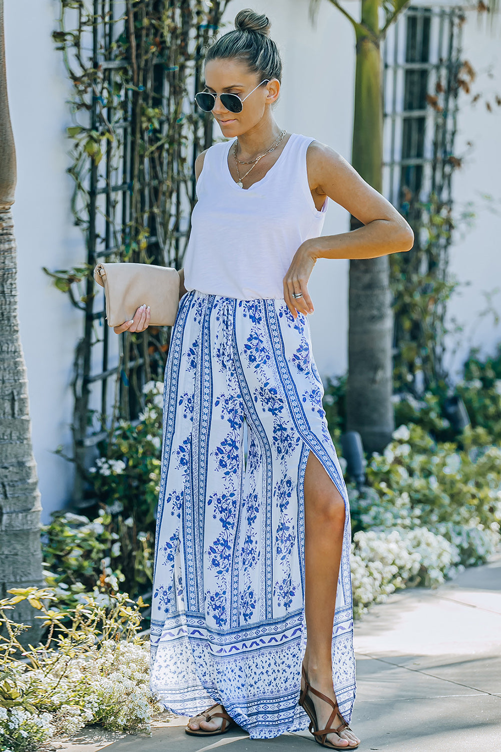 Bohemian Slit Drawstring Waist Palazzo Pants