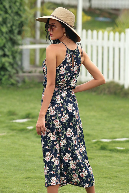 Sling Floral Elastic Waist Split Dress