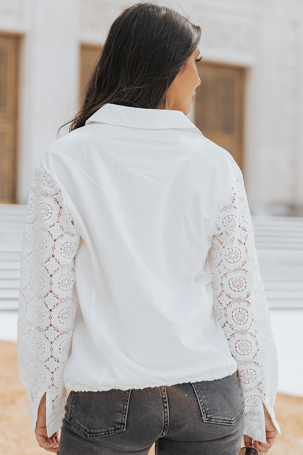 Lace Sleeve Johnny Collar Drawstring Shirt