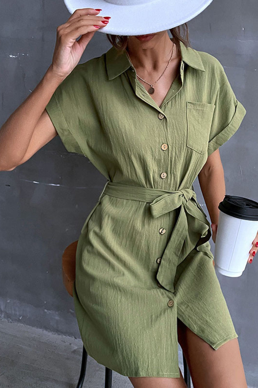 Tie-Waist Short Sleeve Mini Shirt Dress