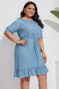 Plus Size Shirred Cold Shoulder Ruffle Tie Waist Dress