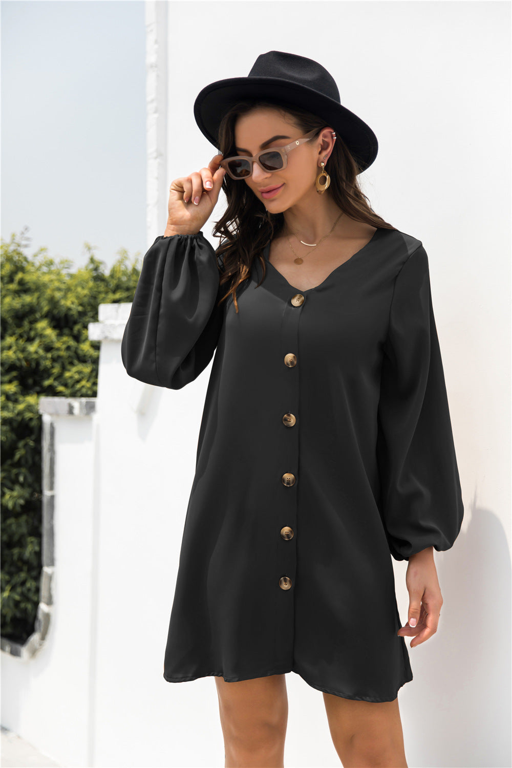 V Neck Button Through Smock Dress