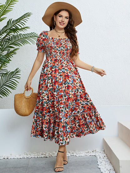 Plus Size Floral Smocked Square Neck Dress