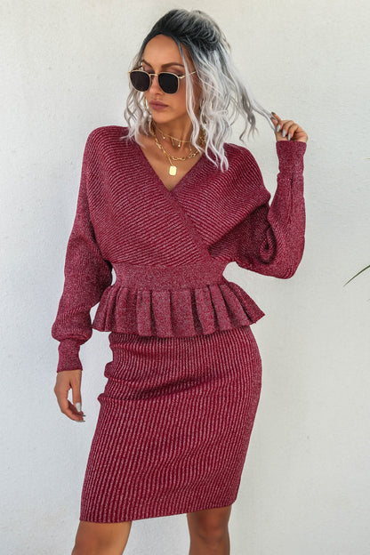 Peplum Dolman Sleeve Rib-Knit Top and Skirt Set